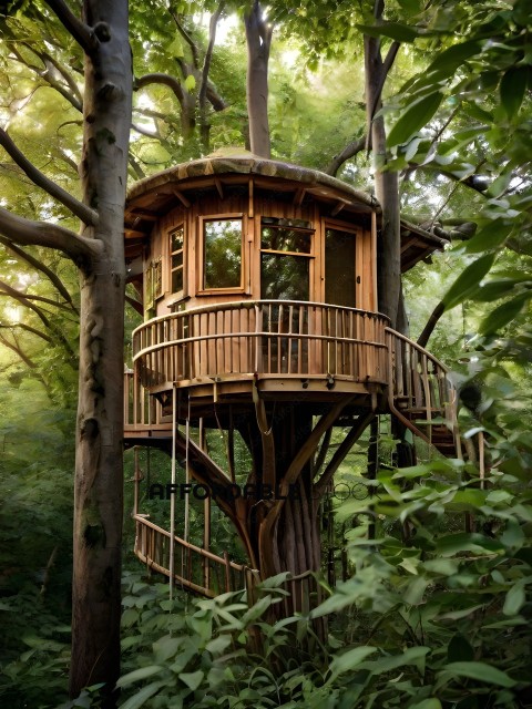 A wooden hut in the woods with a balcony