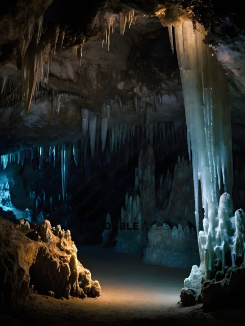 Cave with blue light and stalagmites