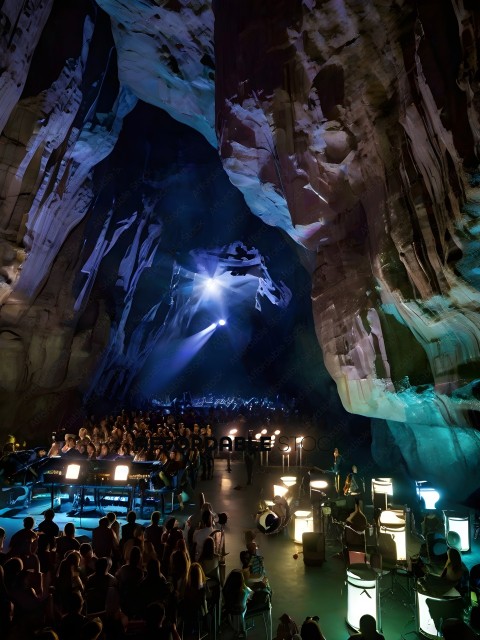A large crowd of people are in a dark cave with a stage