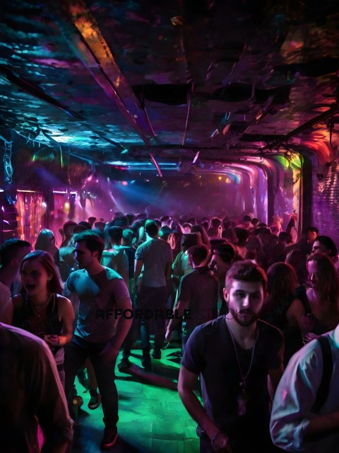 A crowded club with a neon lighted ceiling