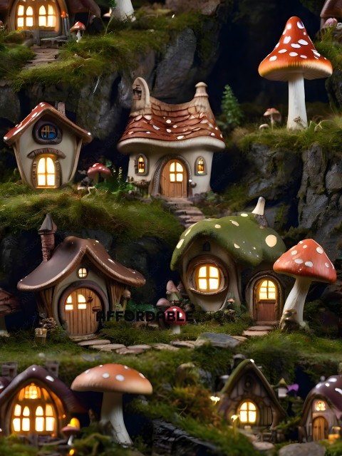 Miniature village with mushroom houses and toadstool roofs