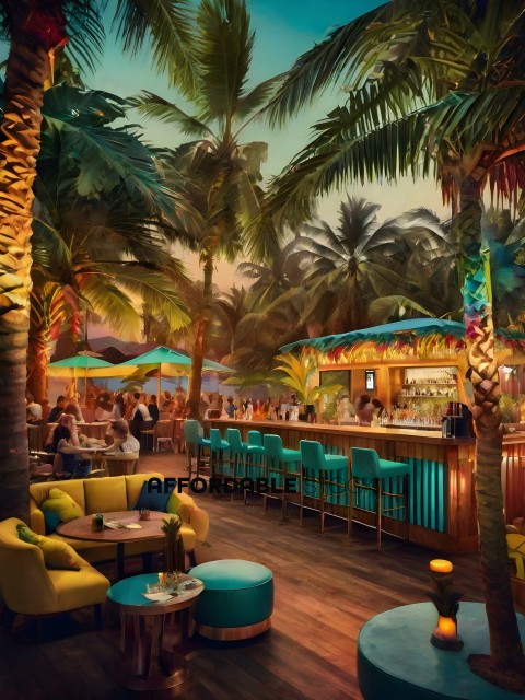 A tropical resort with a bar and patio seating