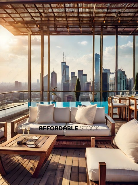 A view of a city from a rooftop patio with a couch and table