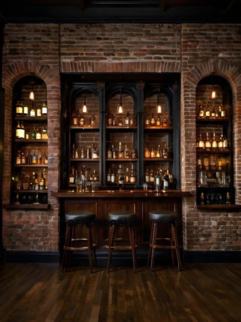 A bar with a brick wall and a wooden counter