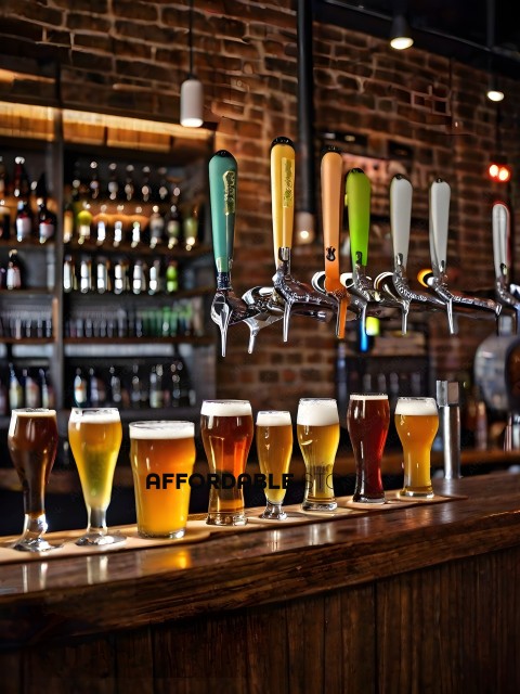 A row of beer taps with a variety of beers