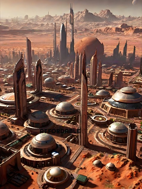 A futuristic city with many domes and towers