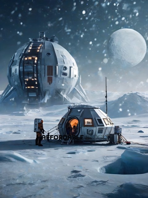 A man standing next to a space station in the snow