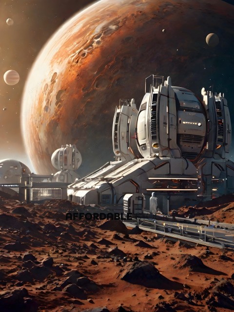 A futuristic space station with a red planet in the background