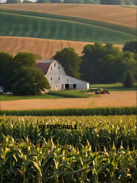A large farm with a barn and a tractor in the field