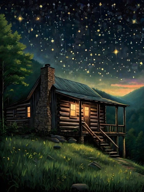 A painting of a log cabin at night with a starry sky