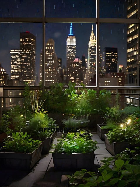 A cityscape at night with a rooftop garden