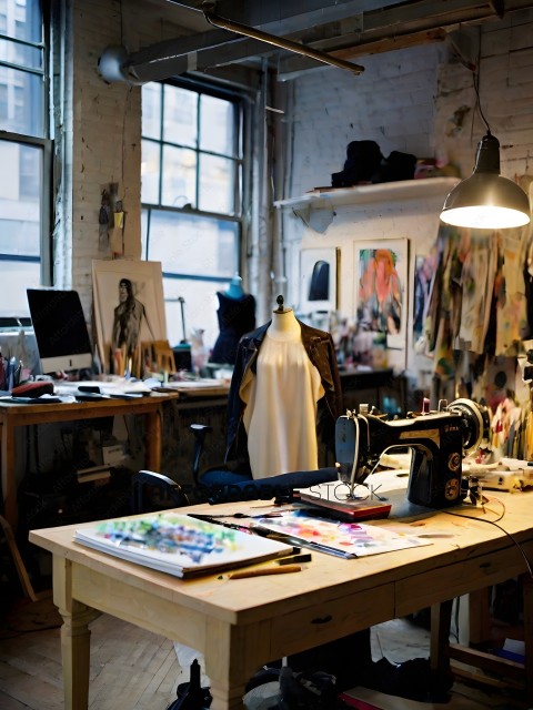 A sewing workspace with a sewing machine and a mannequin