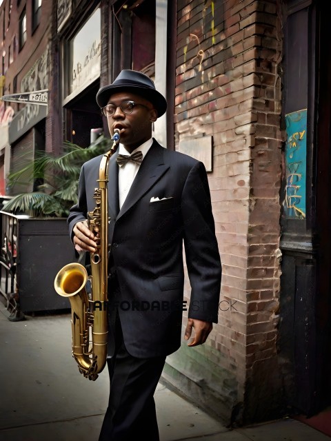 A man in a suit playing a saxophone on the street