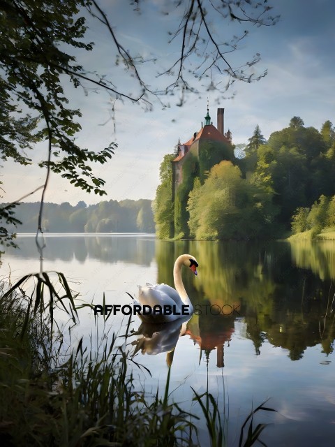 Swan in the water in front of a castle