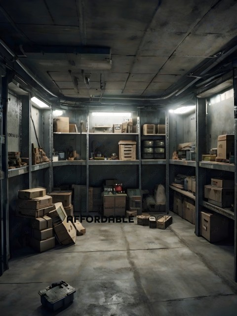 A dark, empty room with shelves and boxes