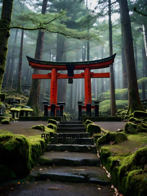 A Japanese garden with a red shrine in the middle