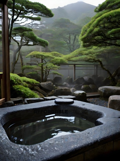 A Japanese garden with a hot tub in the middle