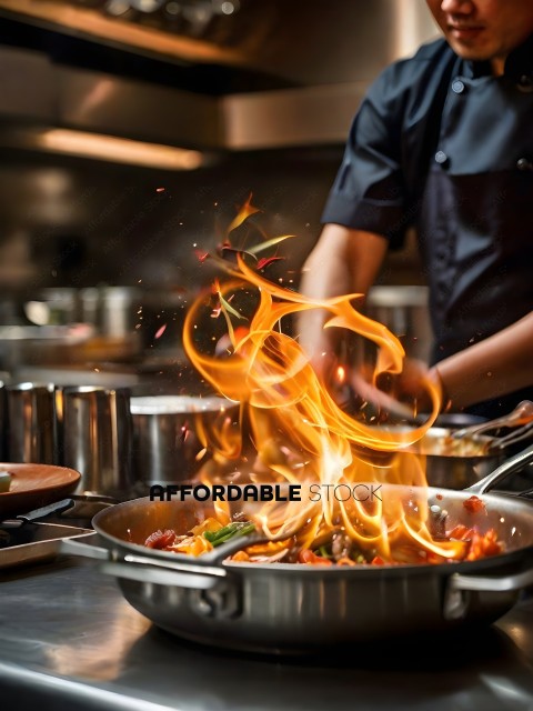 A chef cooking a dish with fire