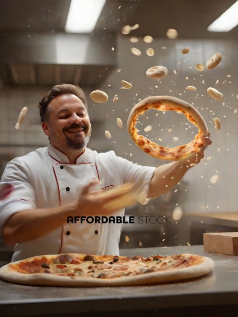 A chef is tossing a pizza into the air