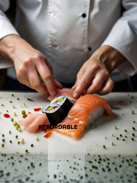 A chef preparing a sushi roll with his hands
