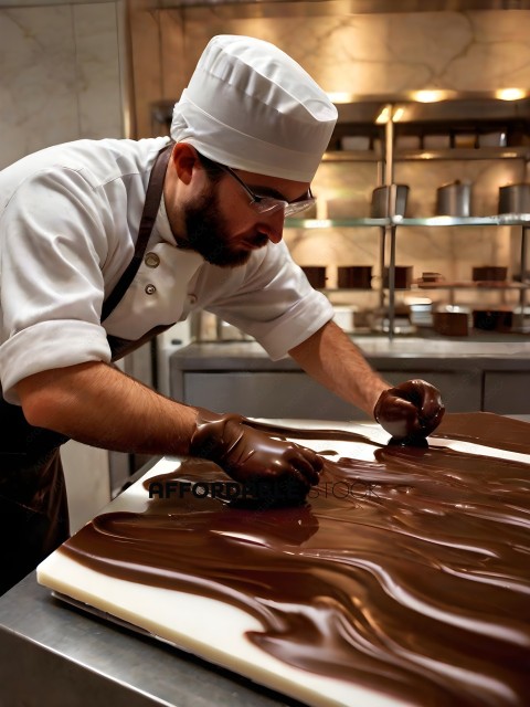 A chef making chocolate on a table