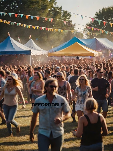 Crowd of people walking around at a festival
