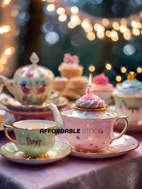 A table full of tea cups and cakes
