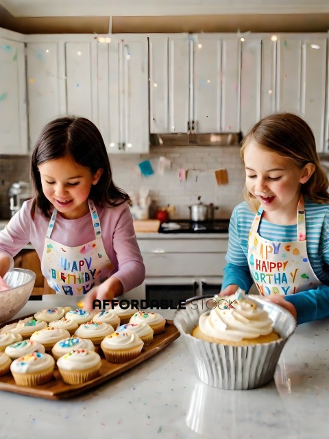 Two girls making cupcakes for a birthday