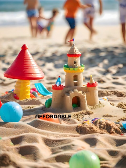 A sand castle with a red roof and a flag on top