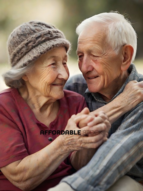An elderly couple embraces each other
