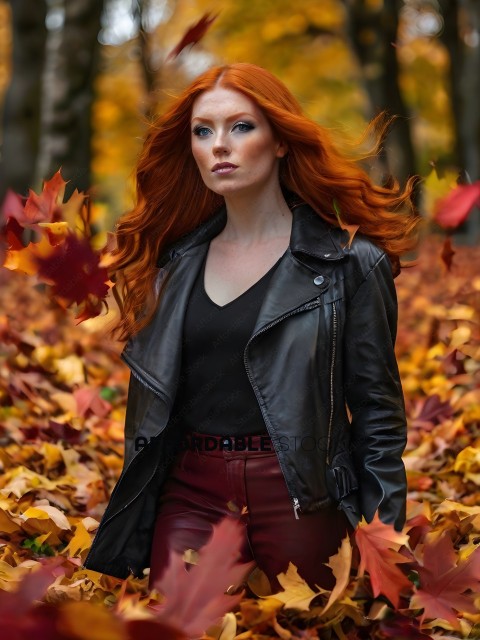 A woman in a black shirt and red pants standing in a forest