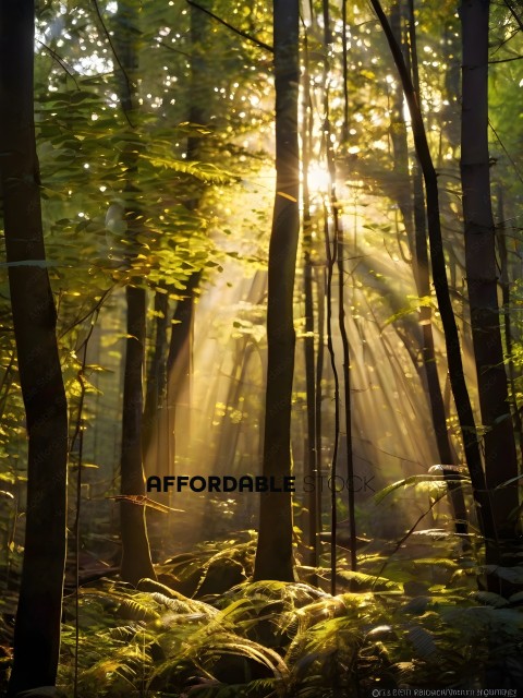 Sunlight filtering through trees in a forest