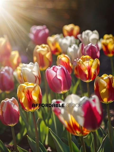 Sunlight shining on a field of tulips