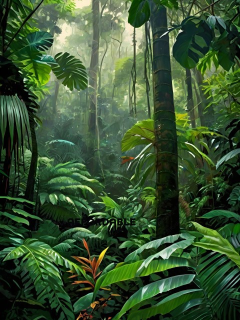A dense jungle with a large tree and a variety of plants