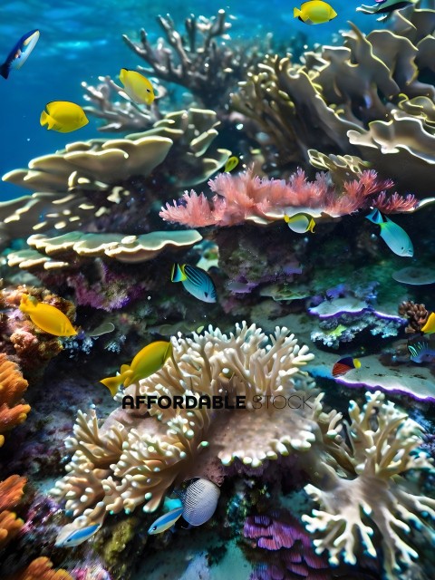 A colorful coral reef with a variety of fish and coral