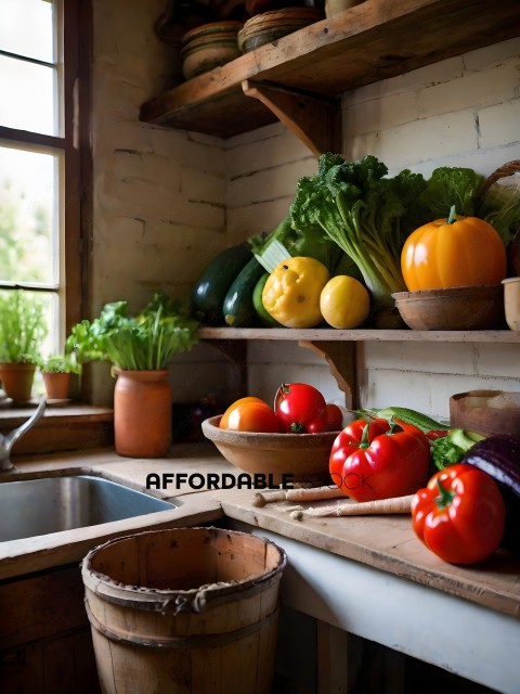 A kitchen with a sink and a shelf of vegetables