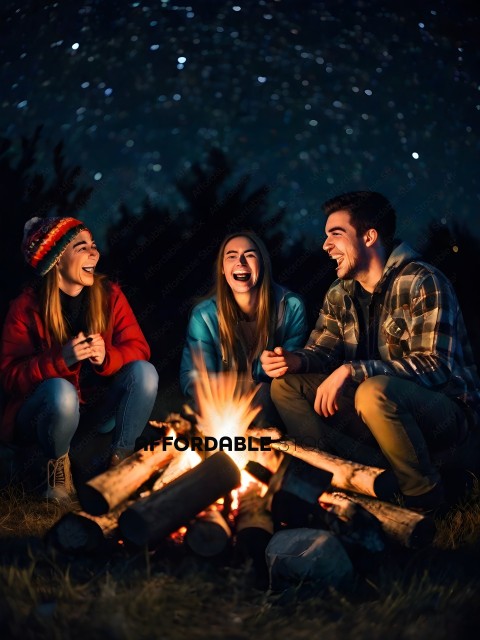 Three friends sitting around a fire laughing