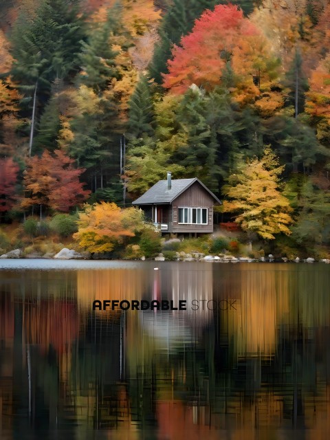 A small cabin on a lake surrounded by trees