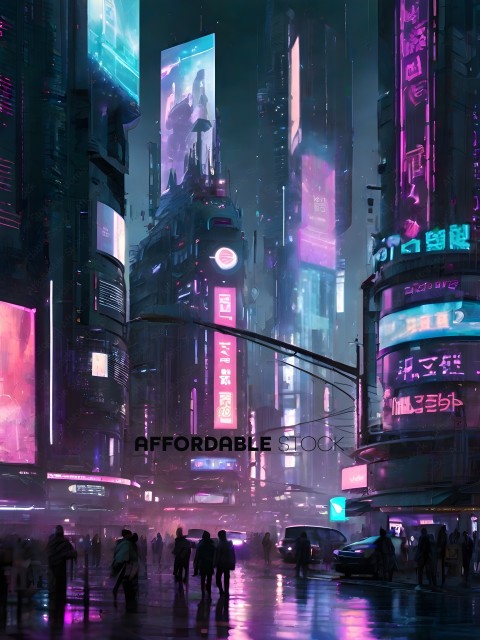 A cityscape with neon lights and people