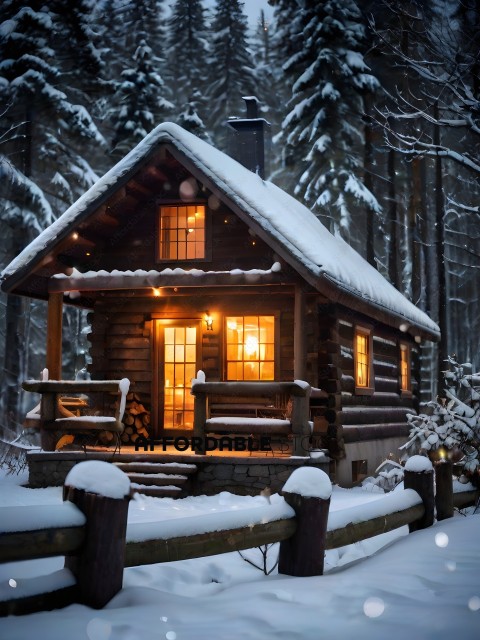 A cozy cabin in the woods with snow on the roof