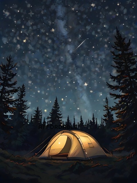 A tent in the woods at night with stars