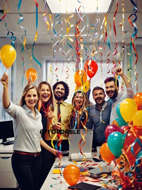 Celebrating with balloons and a laptop