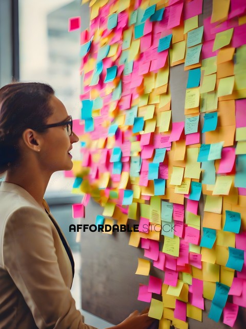 A woman in a suit looking at a wall covered in sticky notes