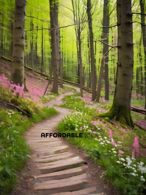 A pathway through a forest with pink flowers