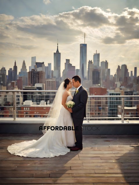 Bride and groom kissing on a rooftop with a city skyline in the background