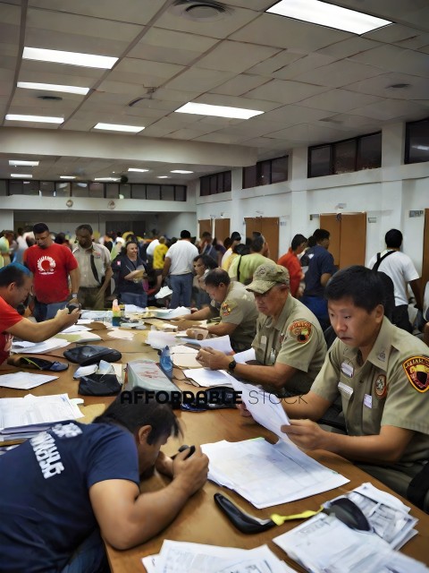 Police officers working on paperwork in a crowded room