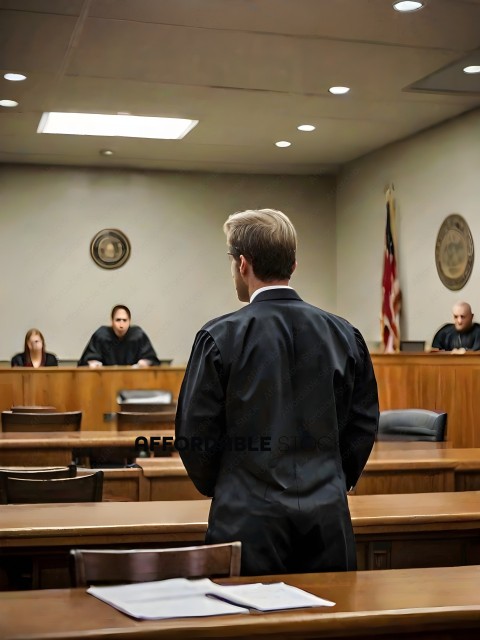 A lawyer in a courtroom stands at the front of the room