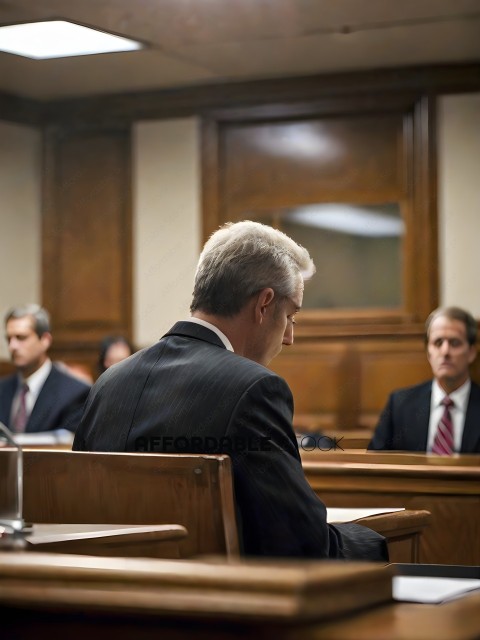 Lawyer in courtroom looking down at papers