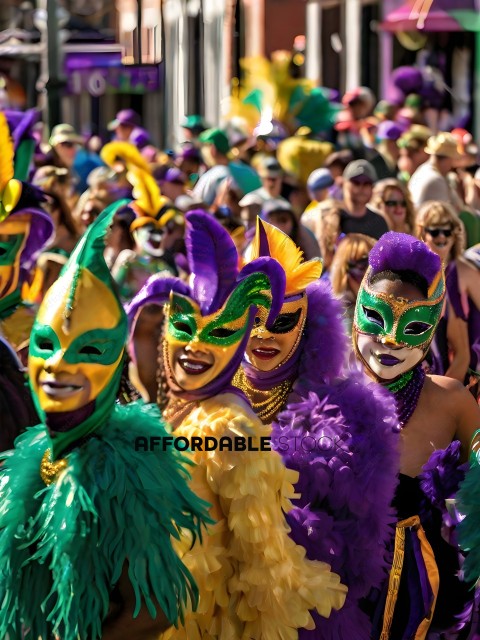 Mardi Gras Parade Participants Wearing Purple, Green, and Yellow Masks