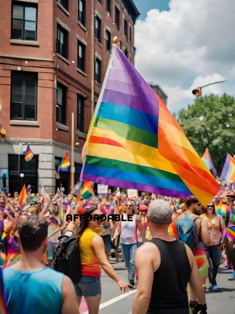 A crowd of people holding rainbow flags and signs